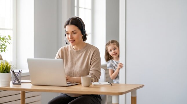 Mulher tentando trabalhar concentrada enquanto crian&ccedil;a aparece atr&aacute;s durante chamada de v&iacute;deo em cena divertida de home office familiar e contempor&acirc;neo