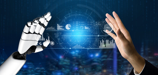 Fototapeta premium A human hand reaching out toward a robotic hand amidst a dynamic digital landscape, emphasizing the connection between technology and human interaction in a modern setting. Scalp