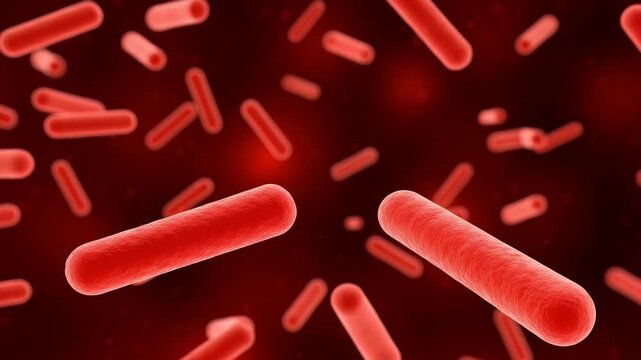 Red rod shaped bacteria cells floating in a dark microscopic space illustrating the dangerous spread of viral infections inside a human body during a severe medical crisis