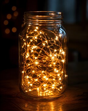 Magical string of brightly glowing yellow fairy lights coiled inside a clear glass mason jar