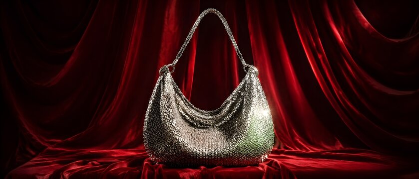 Silver Chainmail Slouch Handbag Glowing Against A Beautiful Backdrop Featuring Deep Red Velvet Draped Curtains