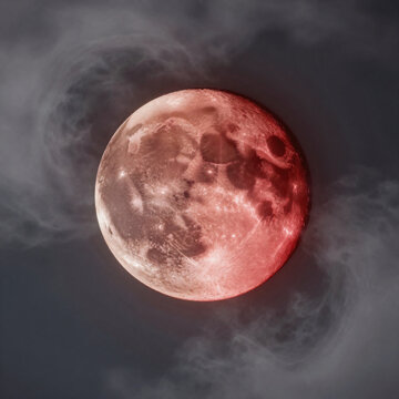 Synthwave Blood Moon. Stunning Digital Illustration Of A Red-Blooded Planet During A Moon Eclipse, With Dramatic Cloud Formations