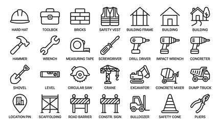 Fototapeta premium Construction and building industry icons for architecture safety tools equipment and heavy machinery flat design vector.