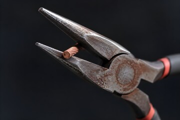 Obraz premium Rusted steel pliers gripping a severed piece of copper wire for industrial construction background designs