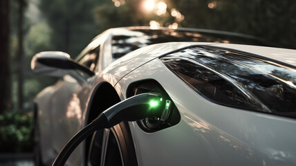 Naklejka premium Close up of a modern white electric sports car charging at a station. Futuristic EV vehicle plugged in with glowing green indicator light on a blurred nature background at sunset