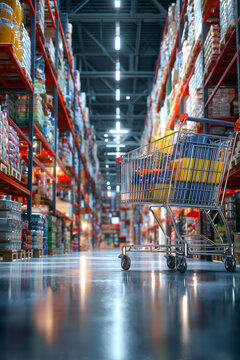 Shopping cart filled with goods inside a large wholesale supermarket or warehouse store. Low angle view of metal trolley in aisle with tall shelves and high ceiling