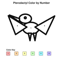 Cute Pterodactyl Color by Number Worksheet for Kids, Printable Flying Reptile Coloring Activity, Black and White Vector SVG © GuzelN