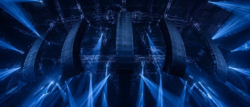 Heavy Concert Line Array Speakers Suspended From Massive Steel Rigging Under Sweeping Blue Lasers Image