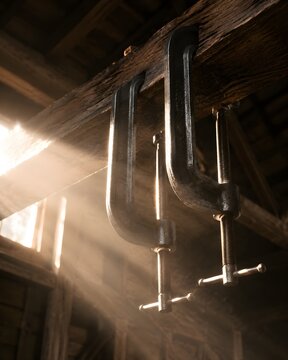 Strong heavy duty metal clamps hooked onto an exposed overhead wooden beam catching bright sunlight