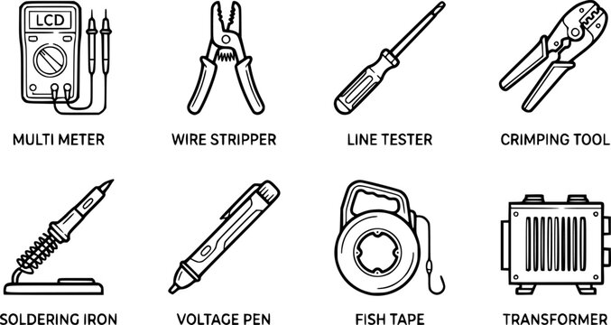 Set of electrical testing and repair hand tools for electronics maintenance