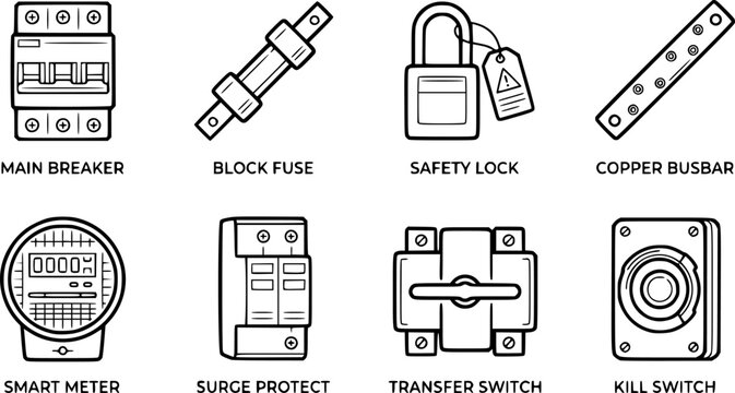 Set of electrical circuit protection and power distribution control icons