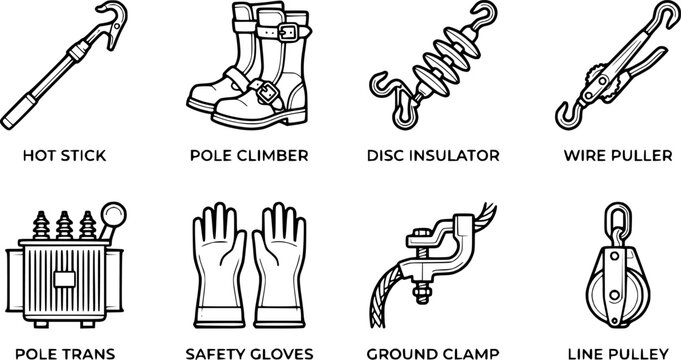 Set of high voltage electrical lineman tools and safety equipment icons