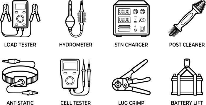Automotive battery diagnostics and maintenance tool icon collection