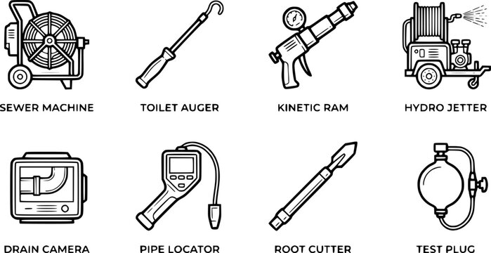 Sewer and drain cleaning plumbing equipment line drawing icons with plumbing