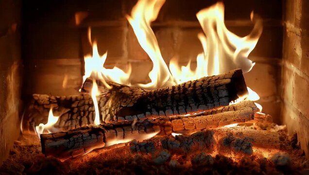 Beautiful and high resolution 4K video capturing crackling timber logs burning brightly inside a rustic stone pizza oven casting intense orange flames glowing embers and a comforting warm ambiance