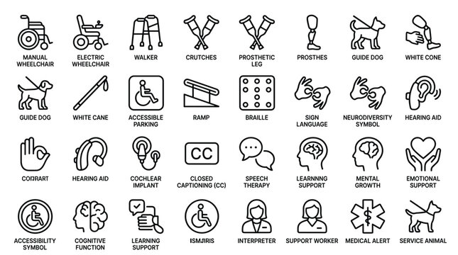 Disability and accessibility icons: wheelchair, crutches, prosthetic leg, guide dog, white cane, ramp, braille, sign language, hearing aid and speech therapy.