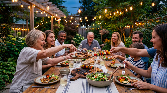 Joyous multi-generational family and friends gather for festive outdoor summer backyard barbecue dinner under string lights, sharing grilled food, healthy salads, and drinks.