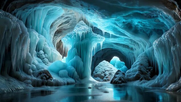 Cinematic 4K footage capturing majestic ice formations inside breathtaking natural cave highlighting sparkling frozen stalactites stalagmites glistening textures serene cold atmosphere 