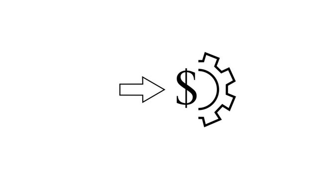 Black Minimalist Financial Management Icon  - Arrow Pointing at Dollar Sign and Rotating Gear on White Background. Abstract Financial System Icon - Animation  Gear, Dollar Symbol, and Arrow Loop