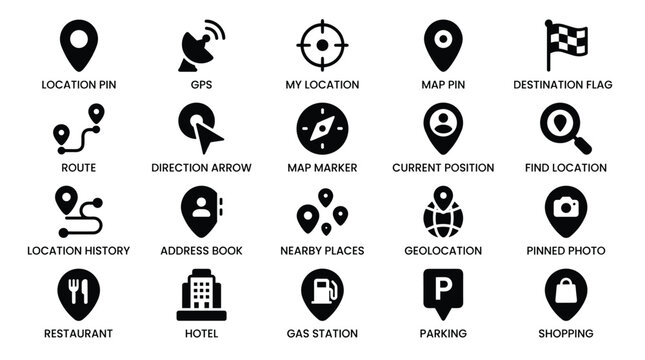 Location pin map navigation icons with solid black shapes, gps tracking and travel destination direction symbols.
