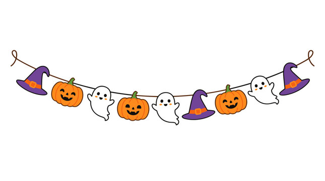 Halloween decoration garland with ghosts pumpkins and witch hats hanging on string