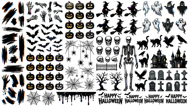 Halloween spooky black silhouettes set with pumpkins bats ghosts skeletons and spiders