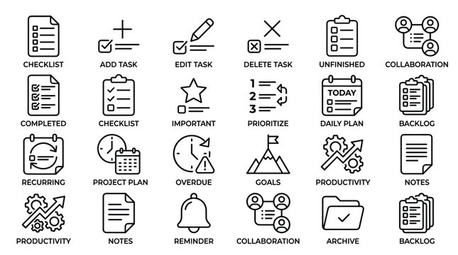 Modern business icons collection for planning, productivity, collaboration, and task management graphic design.