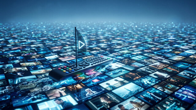 TV remote control sailing on a sea of streaming content