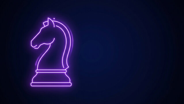 Glowing purple neon chess knight icon on dark background