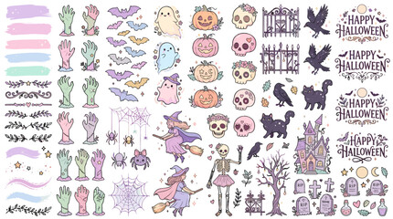 Naklejka premium Collection of cute halloween themed illustrations including pumpkins ghosts bats and witches