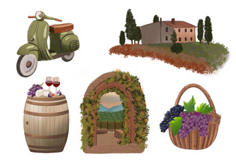 Obraz premium Tuscany travel and winemaking hand drawn digital illustration set. Vintage motor scooter, farmhouse, wine barrel with glasses, stone archway, and grape basket isolated on white background.