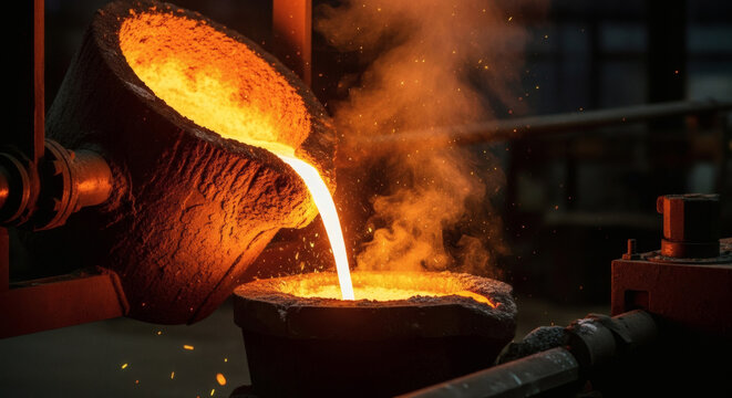 Molten metal pouring from a heavy industrial crucible into a mold during the manufacturing process inside a dark foundry