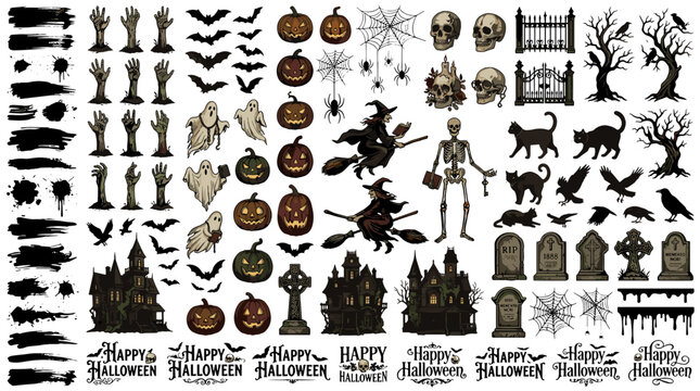 Halloween themed silhouette collection featuring pumpkins skeletons bats ghosts and spooky elements