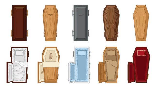 Collection of various coffins and caskets in different styles and materials for funeral arrangements