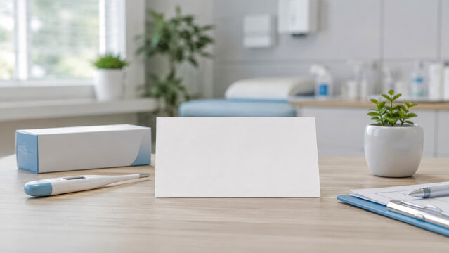 Empty Blank Card Mockup on Professional Medical Clinic Desk with Digital Thermometer and Patient Records for Healthcare Promotional Design and Clinic Branding Presentation