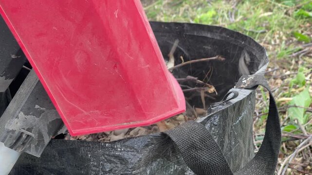 Close-up of wood chipper discharging mulch into a garden bag