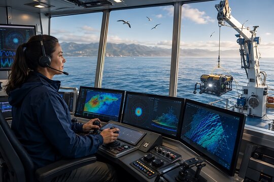 Woman operating remote submersible vehicle from ship bridge with sonar data displayed