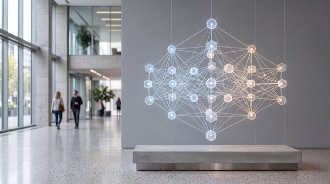 Data driven insights concept with digital neural network in modern office lobby