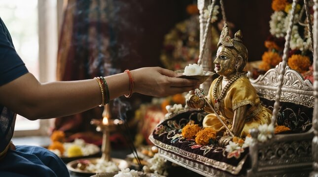 Devotee Offering Prasad to Laddu Gopal Idol on Swing for Hindu Worship Rituals