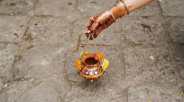 Indian Woman Hand with Mehndi Holding Decorated Clay Pot for Traditional Wedding Rituals and Festive Celebrations