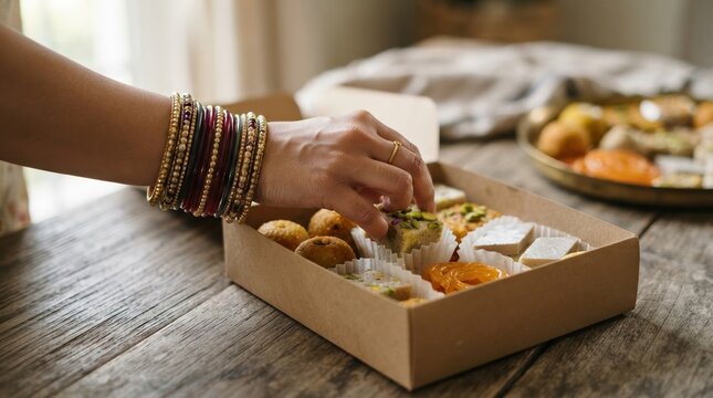 Indian woman hand picking traditional mithai sweets from a gift box for celebration and festive dessert sharing