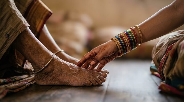 Indian Young Woman Touching Feet of Elderly Person for Respectful Charan Sparsh Blessing Ritual