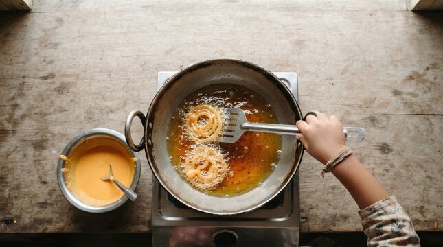 Top View of Indian Child Frying Traditional Jalebi Sweet in Kadhai Pan for Festive Cooking and Street Food Preparation