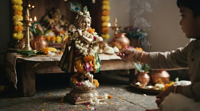 Young Indian Boy Offering Prasad to Lord Krishna Statue During Traditional Hindu Worship Ritual at Home Shrine
