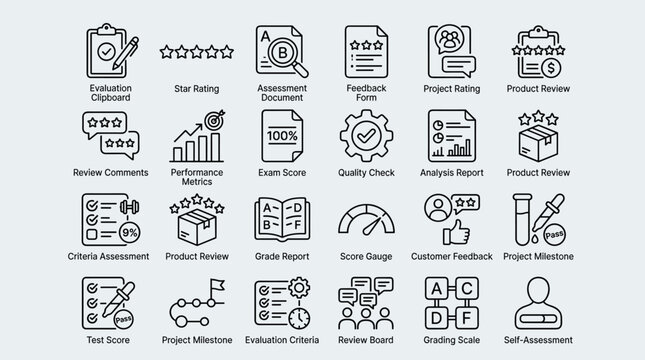 Quality assessment and performance evaluation icon set with star rating feedback form review comments exam score and project milestones for business management.