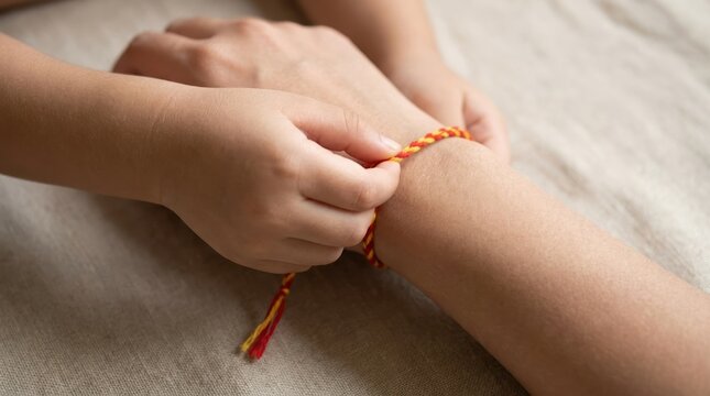 Child Tying Braided Friendship Bracelet on Adult Wrist Representing Love and Connection