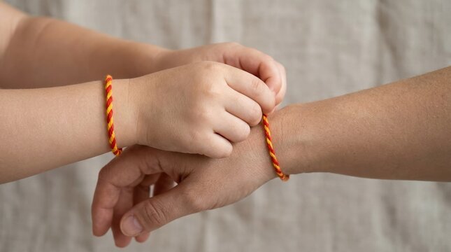 Child tying red and yellow friendship bracelet on adult wrist, symbolic gesture of love and family connection