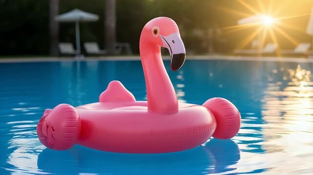 A bright pink inflatable flamingo pool float drifts peacefully across the calm blue water during a beautiful golden sunset at a resort swimming pool area