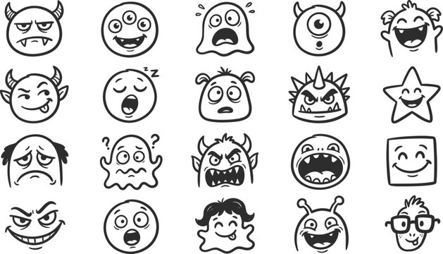 Set of cute monster emoticons and emojis