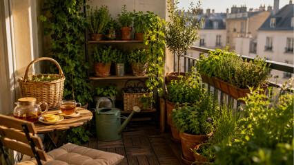 Fototapeta premium Serene Urban Balcony Garden Filled with Potted Herbs, Rustic Wicker Basket, and Warm Cup of Tea on Sunny Afternoon Overlooking Beautiful Cityscape Architecture